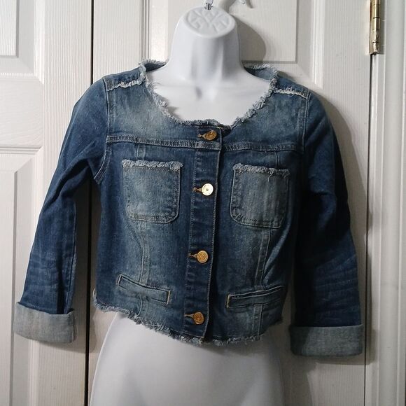 Princess Vera Wang cropped jean denim raw trim jacket Sz XS NWOT - Picture 1 of 8